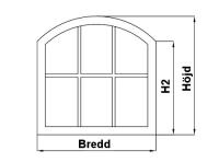 Bågfönster, Fast med spröjs, Rundad överdel. Kan även levereras utan spröjs. Vid prisfråga, ange även höjden H2 i rutan Noteringar, övriga krav. Lågt Pris!!!